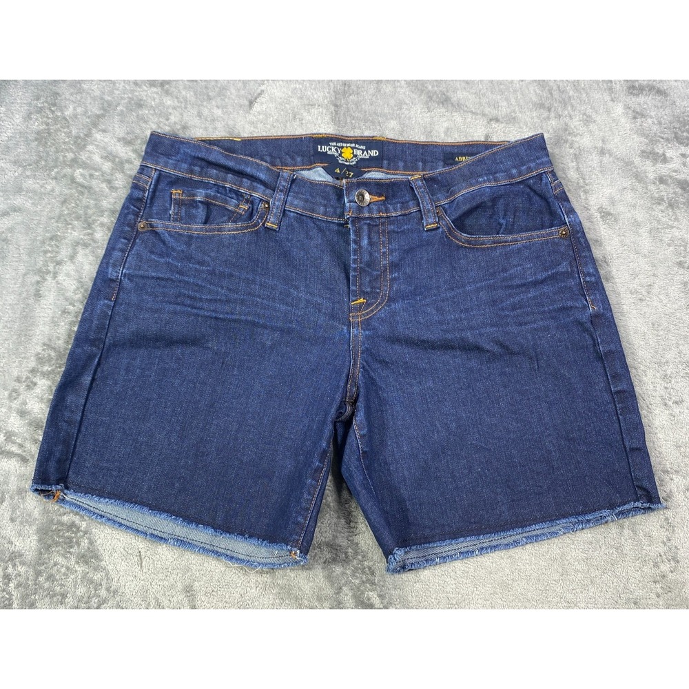 Lucky Brand Abbey Shorts Women 4/27 Blue Denim Jean Raw Hem Mid Rise Whiskering